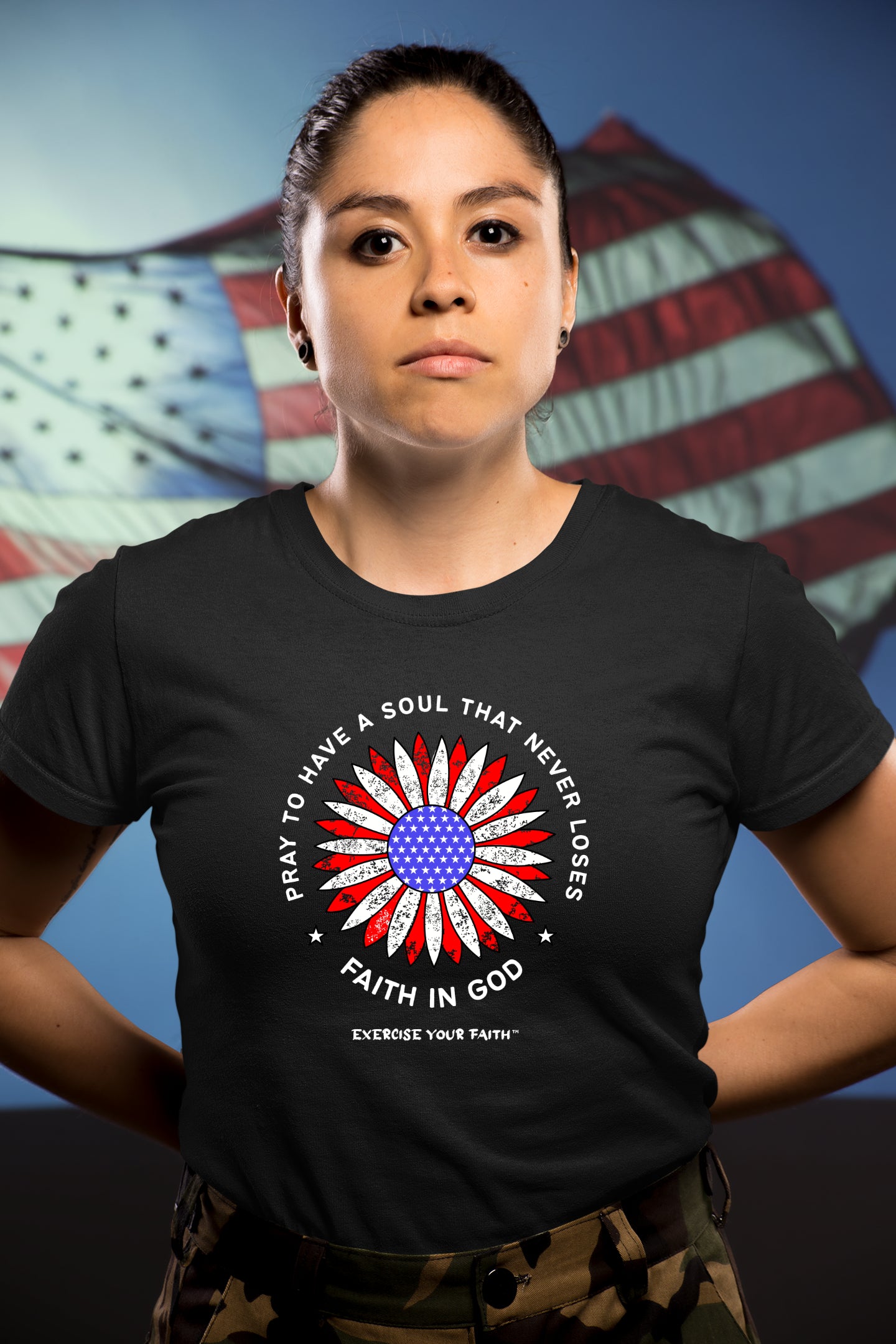 Exercise Your Faith Christian Patriotic Flower T-shirt Black