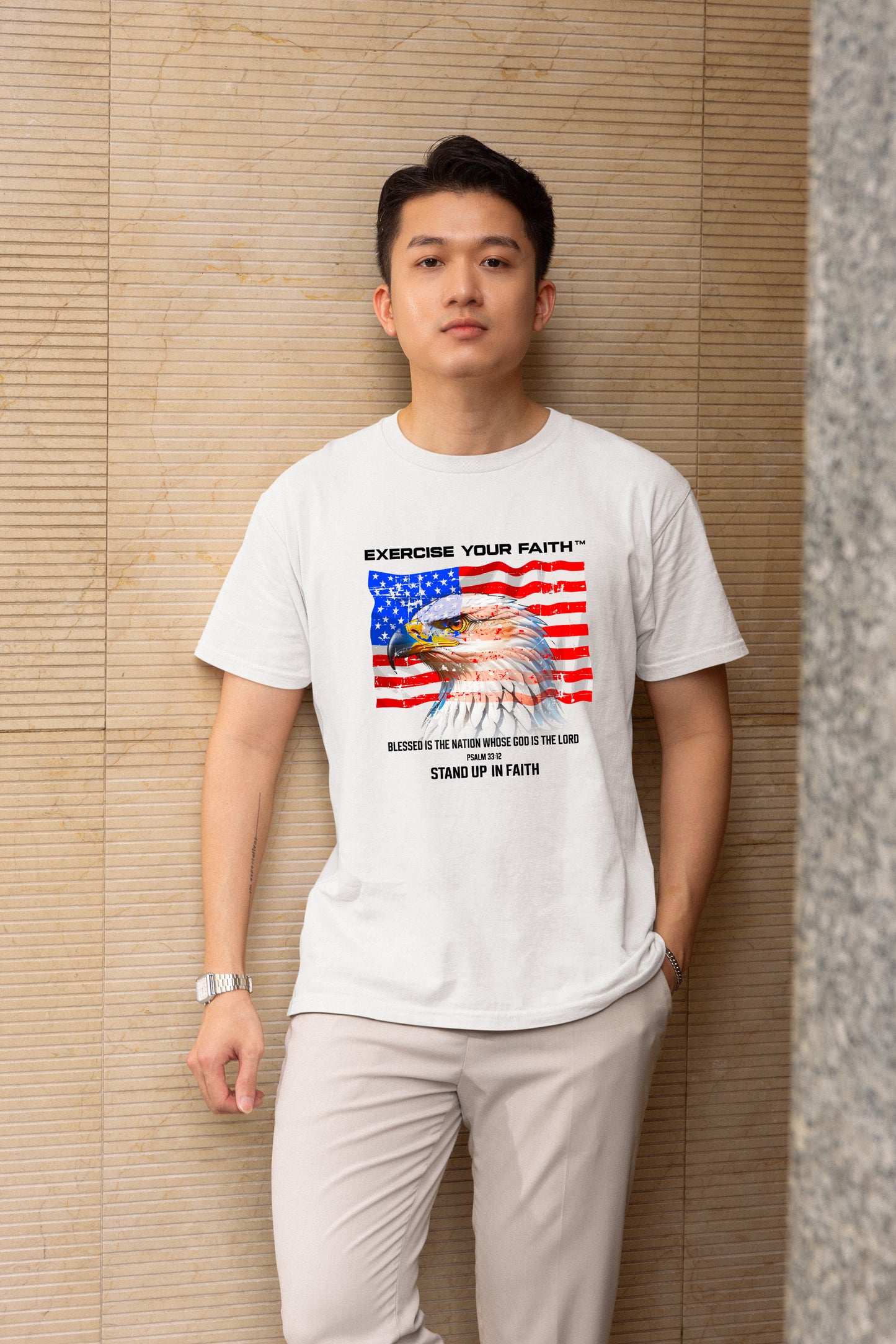 Exercise Your Faith Christian USA Eagle Flag T-shirt White