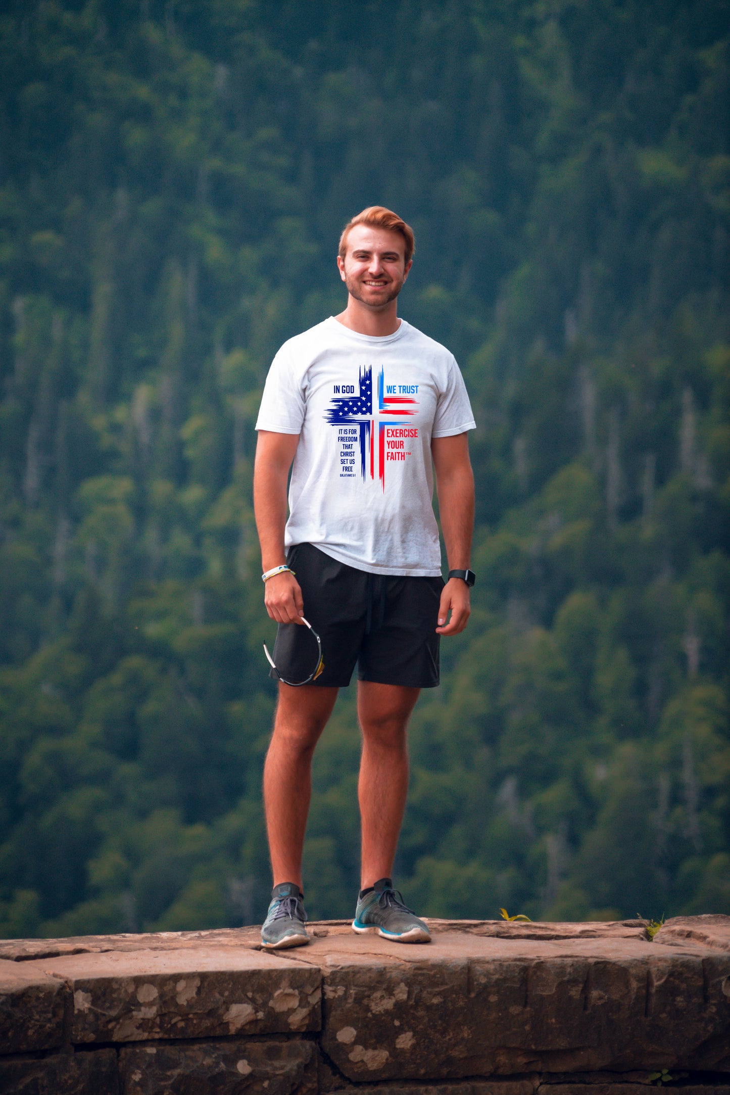 Exercise Your Faith In God We Trust Patriotic Cross T-shirt White