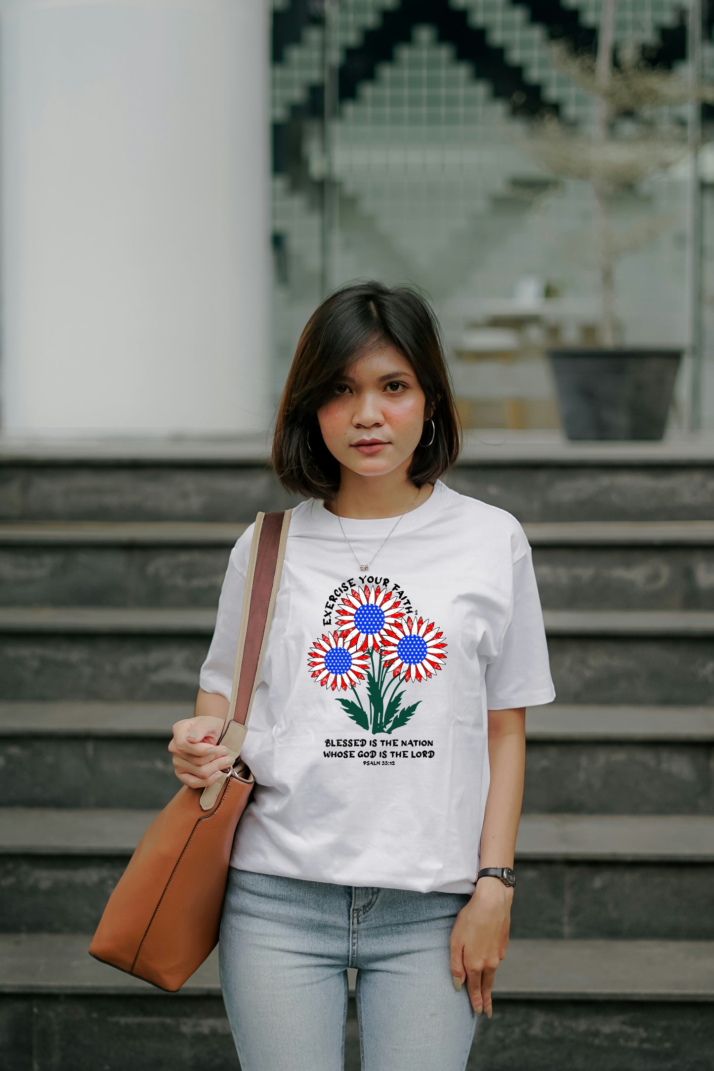 Exercise Your Faith T-shirt with a Patriotic Flower Bouquet White
