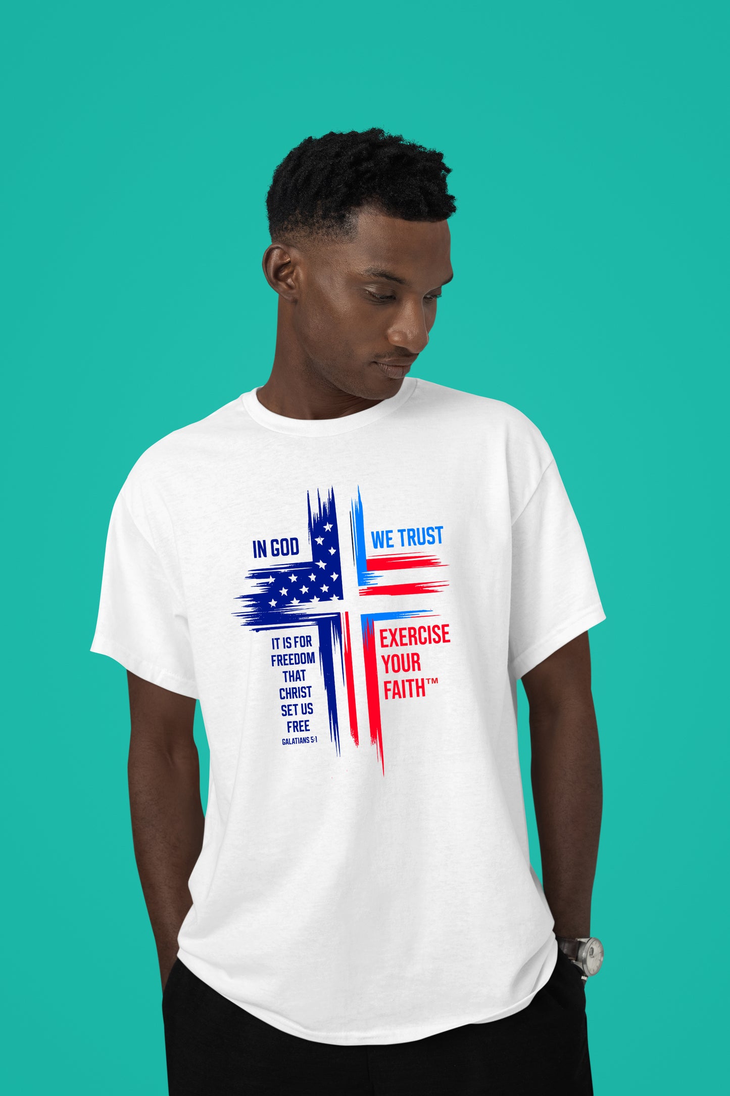 Exercise Your Faith In God We Trust Patriotic Cross T-shirt White