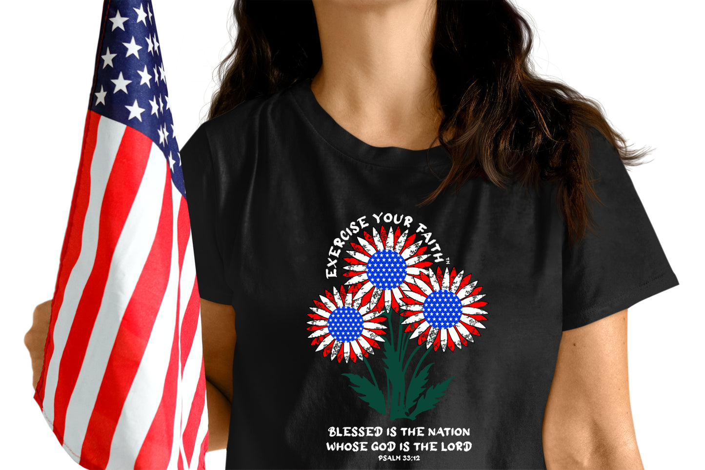 Exercise Your Faith T-shirt with a Patriotic Flower Bouquet Black