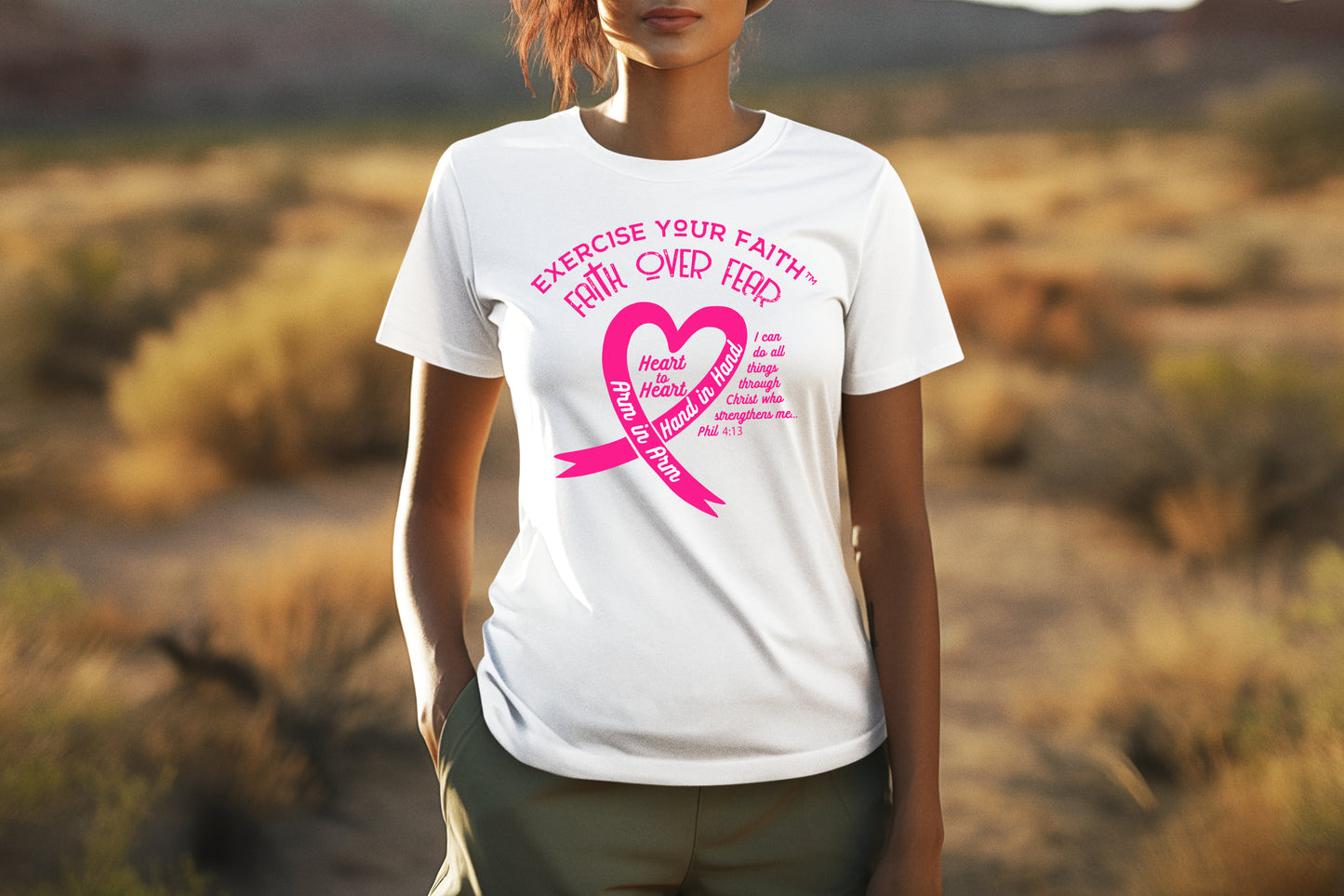 Exercise Your Faith Breast Cancer Ribbon Heart White