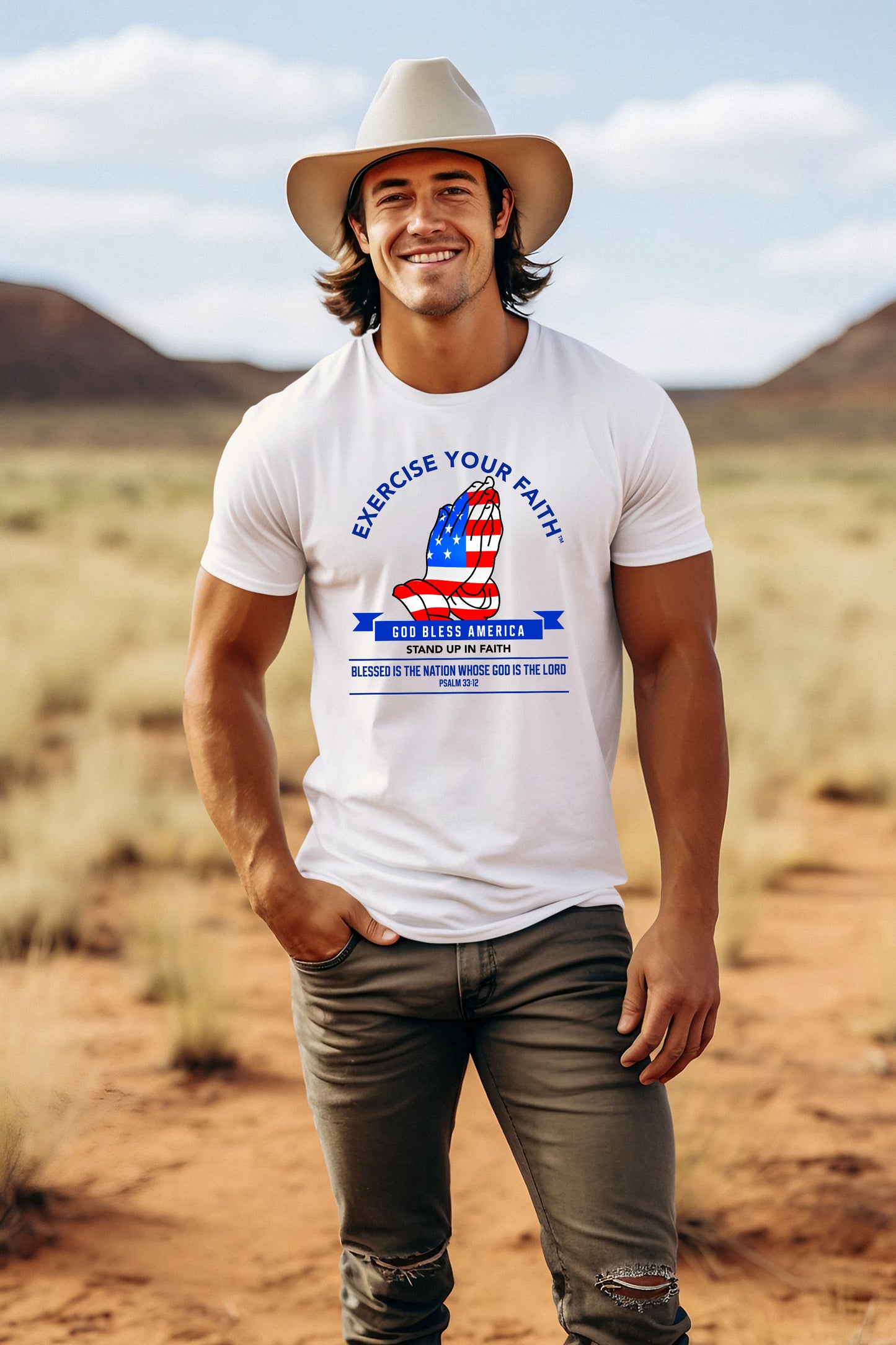 Exercise Your Faith God bless America Prayer T-shirt White