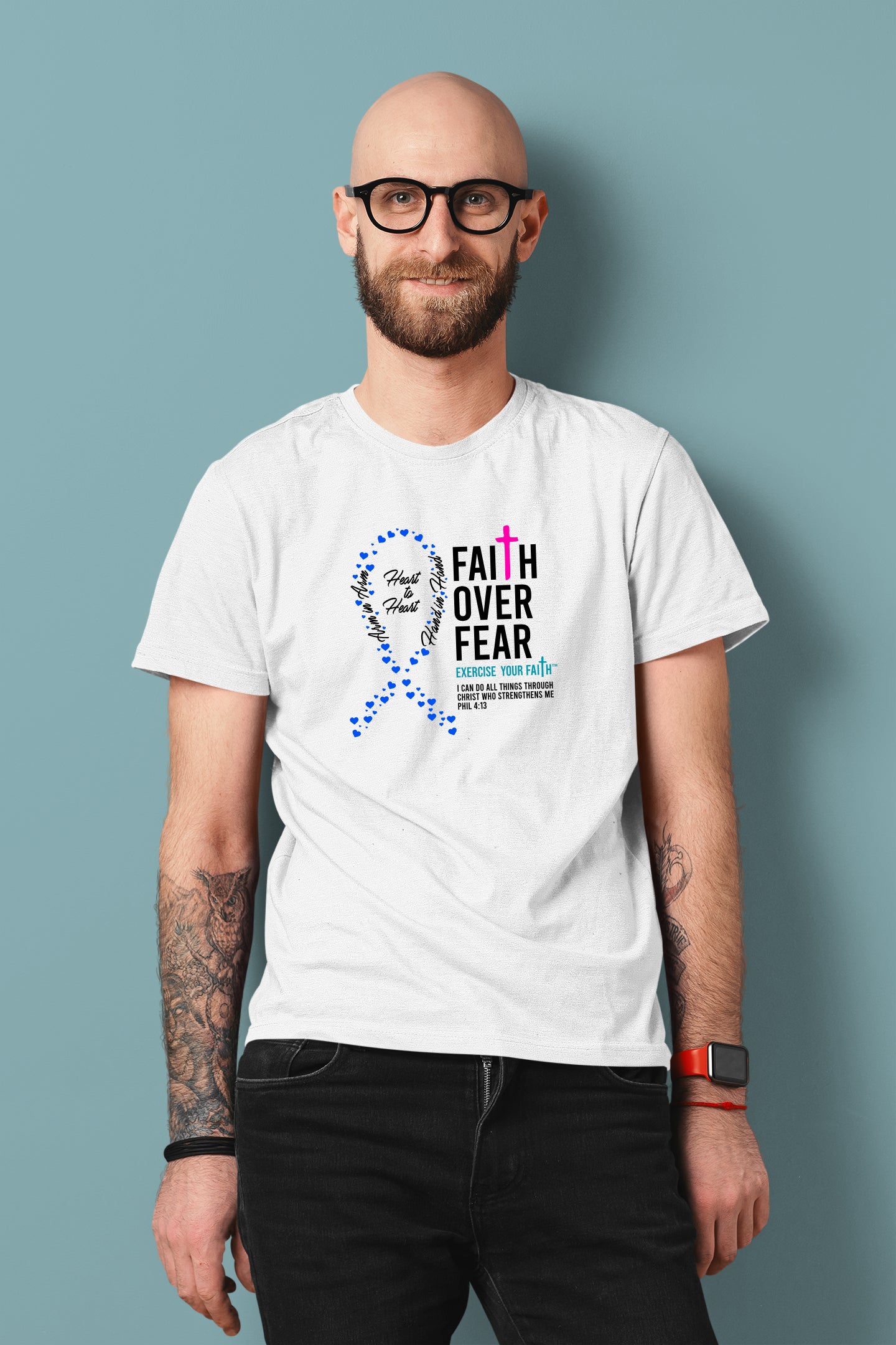 Faith Over Fear Little Hearts Ribbon Thyroid Cancer White