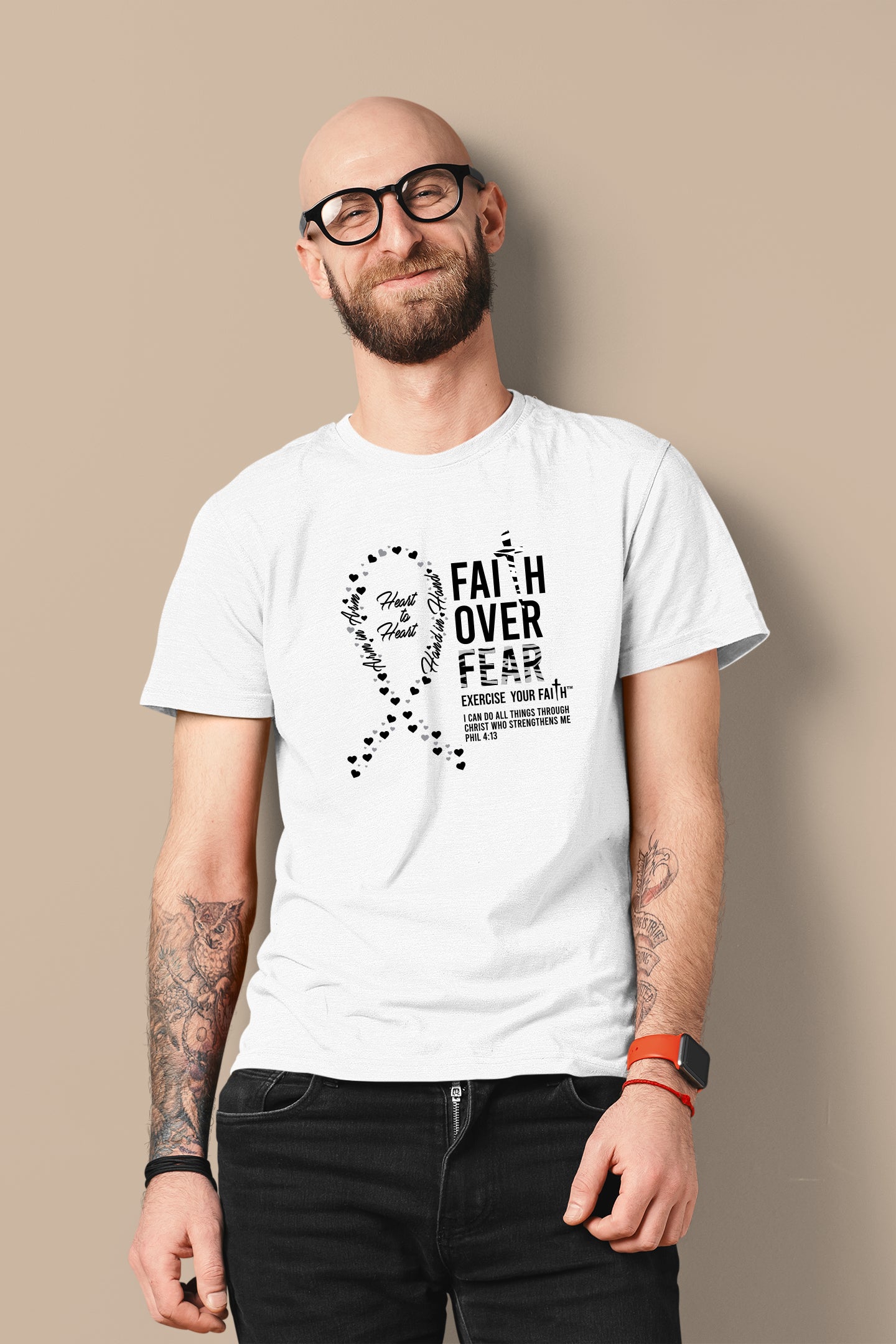 Faith Over Fear Little Hearts Ribbon Neuroendocrine Cancer White