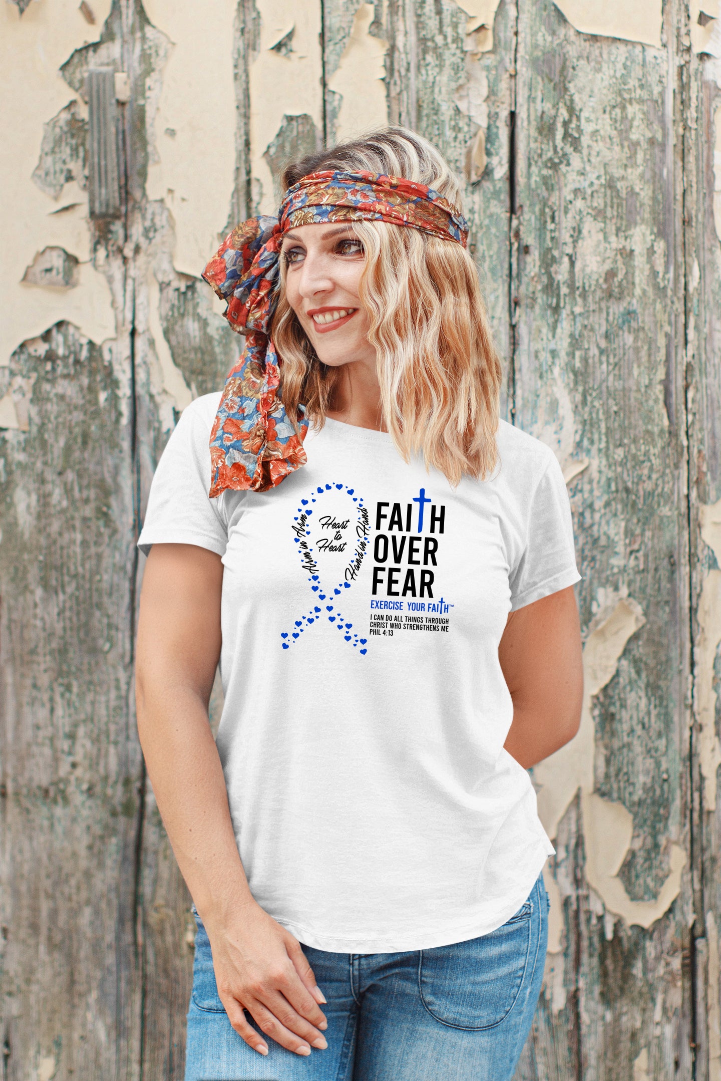 Faith Over Fear Little Hearts Ribbon Colon Cancer White