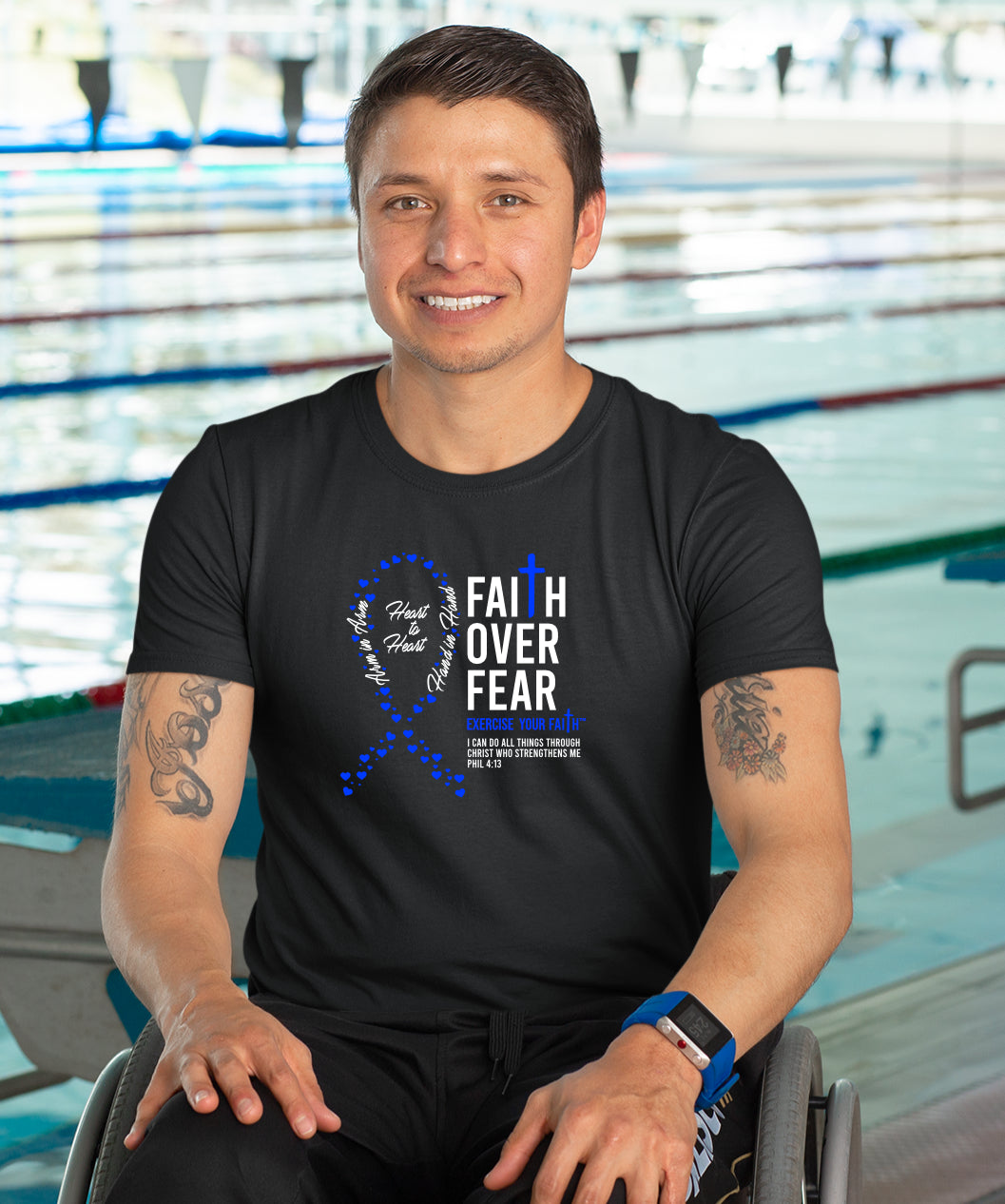 Faith Over Fear Little Hearts Ribbon Colon Cancer Black