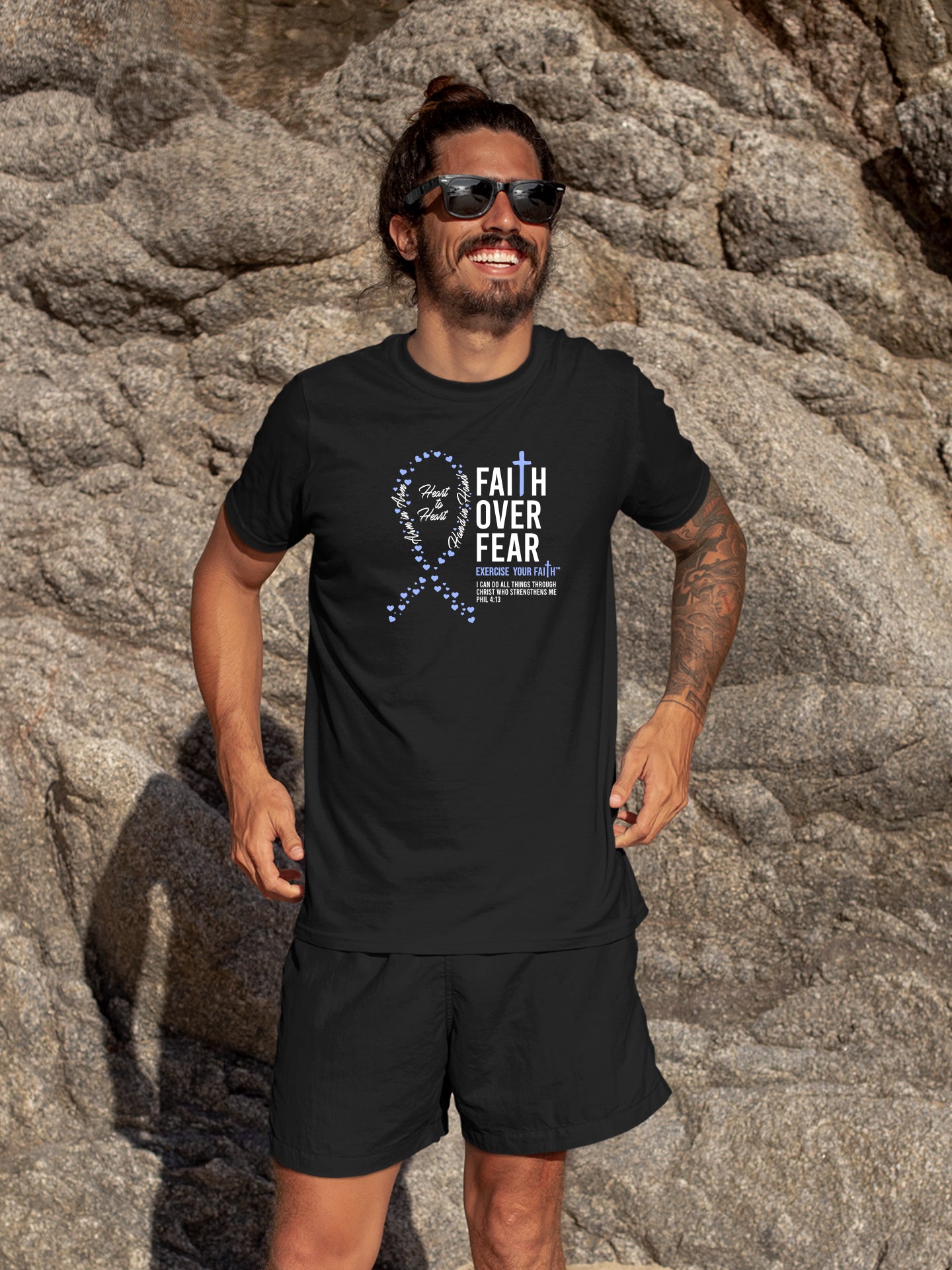 Faith Over Fear Little Hearts Ribbon Stomach Cancer Black