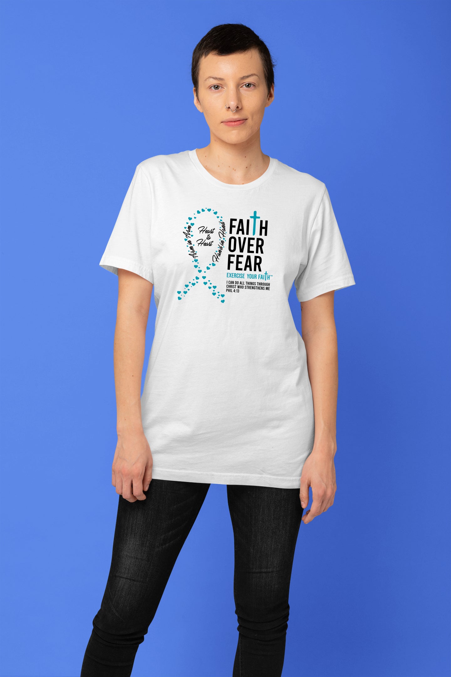 Faith Over Fear Little Hearts Ribbon Ovarian Cancer White