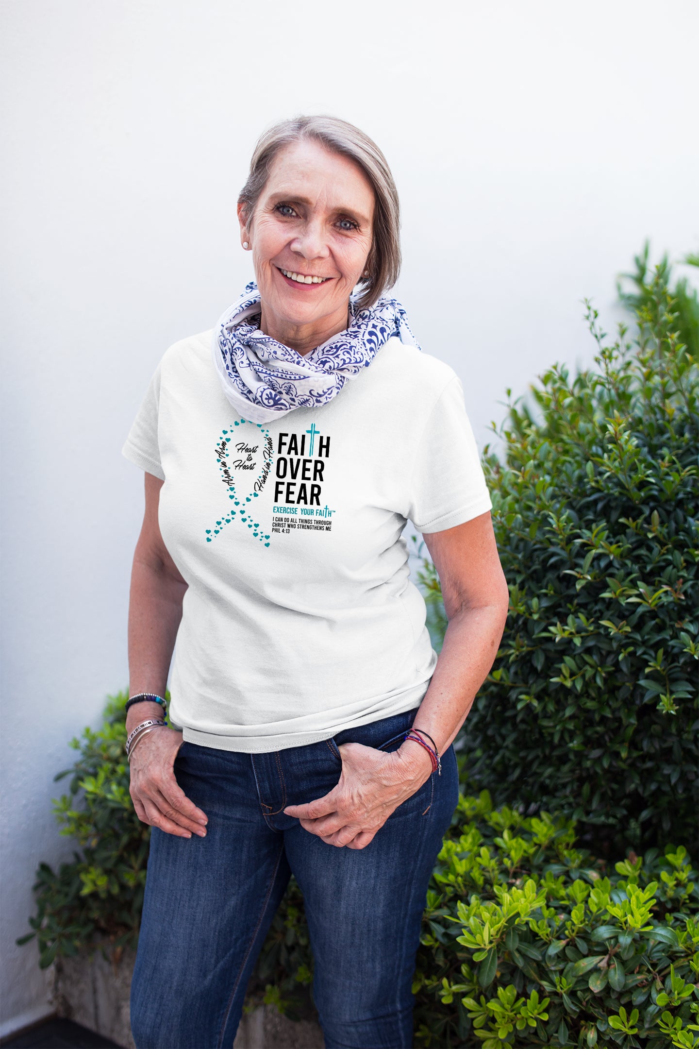 Faith Over Fear Little Hearts Ribbon Cervical Cancer White