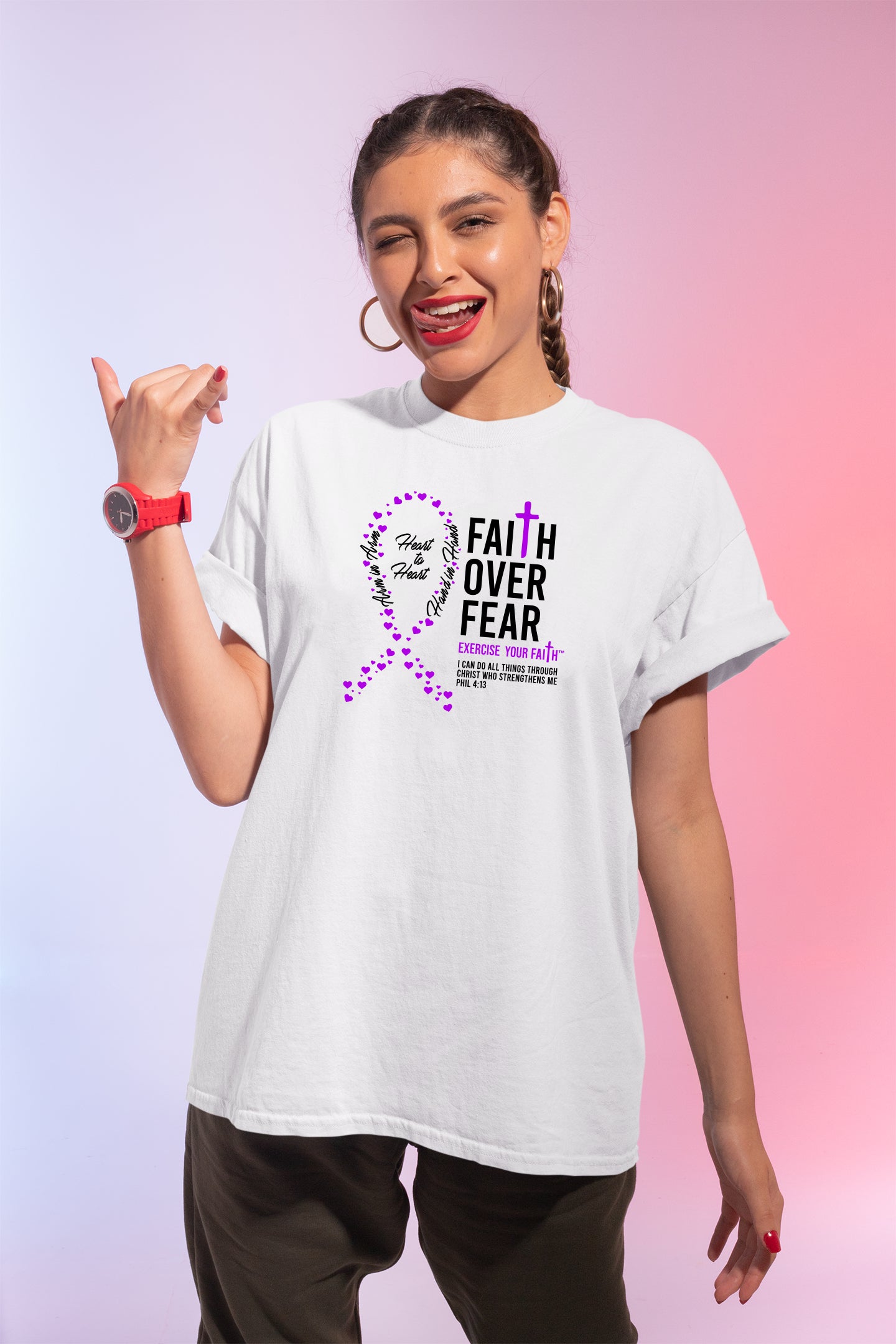 Faith Over Fear Little Hearts Ribbon Pancreatic Cancer White