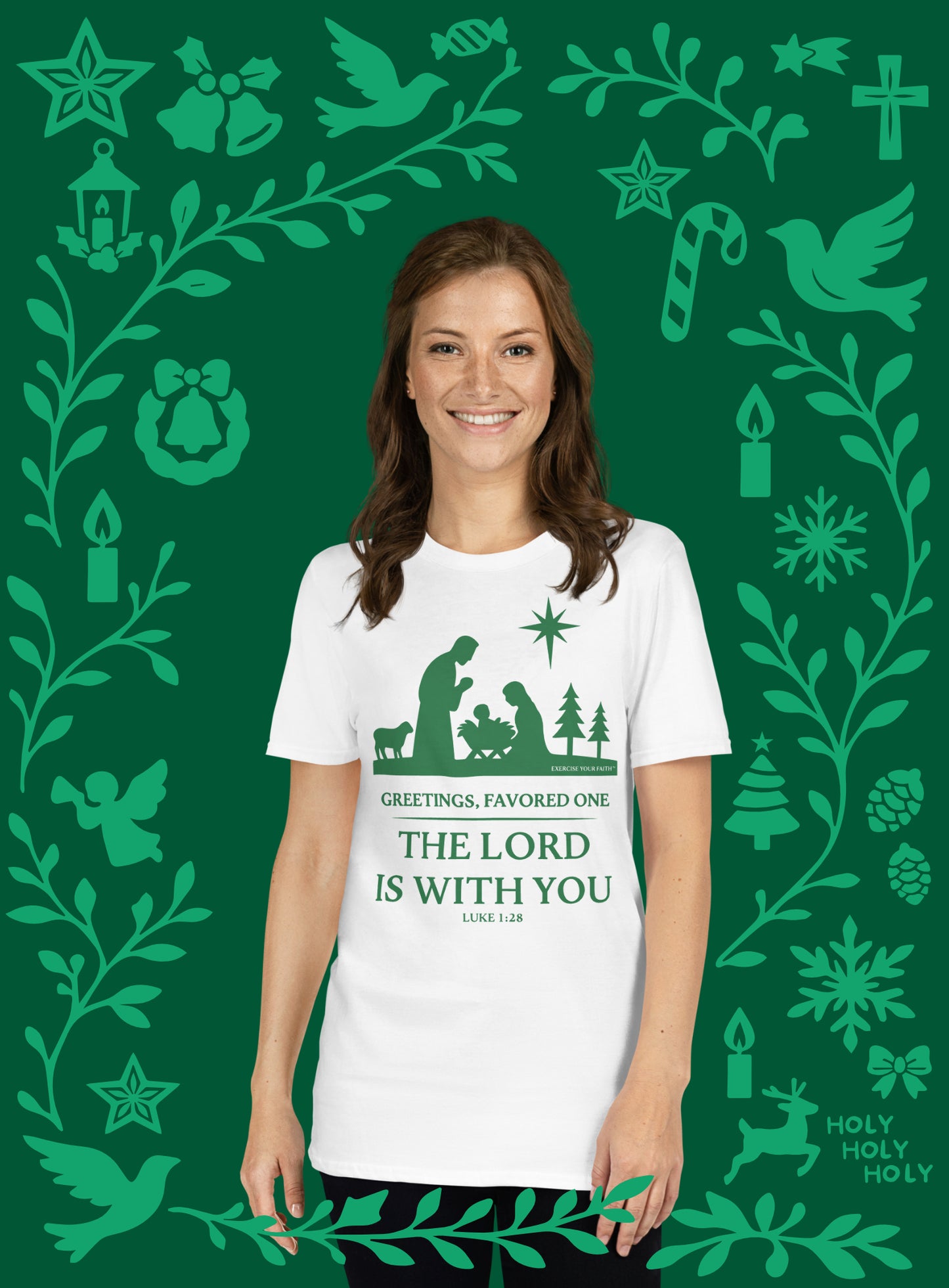 EYF Christian nativity scene T- shirt, The Lord is with you Bible verse Christmas Tshirt Green