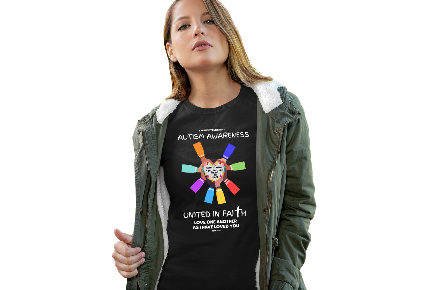 Autism Awareness United in Faith Hands Embracing Heart Black