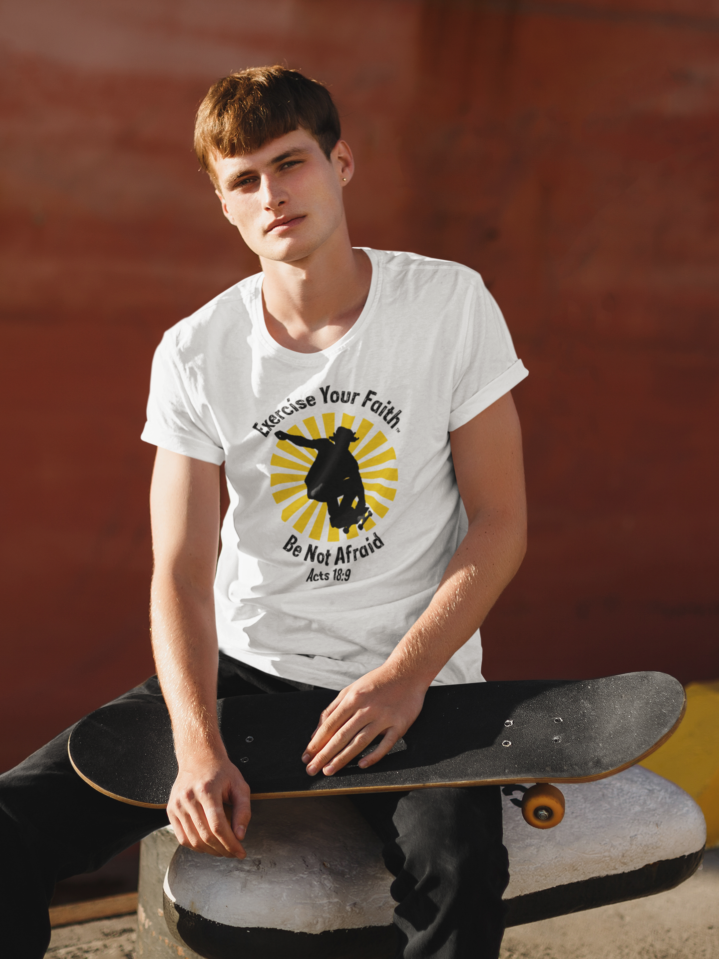 Exercise Your Faith™ White Circle Skateboarder