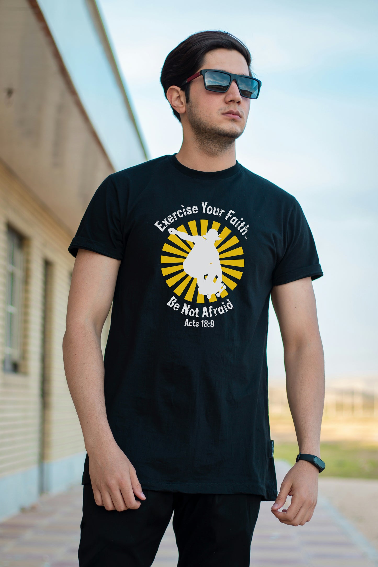 Exercise Your Faith™ Black Circle Skateboarder