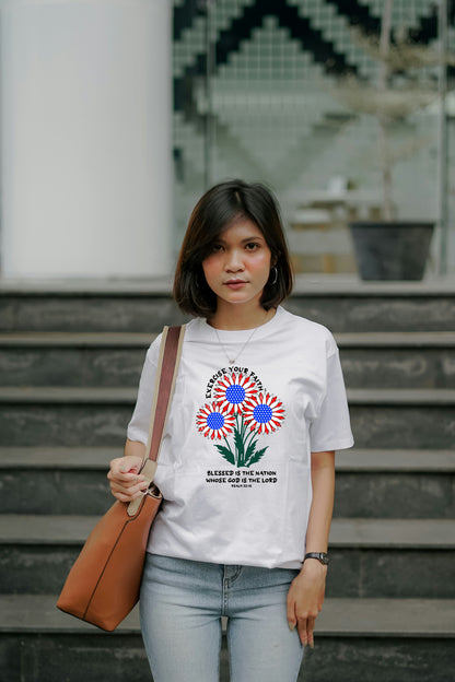 Exercise Your Faith T-shirt with a Patriotic Flower Bouquet White