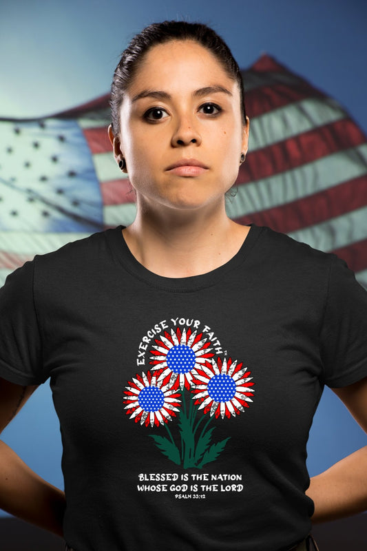 Exercise Your Faith T-shirt with a Patriotic Flower Bouquet Black