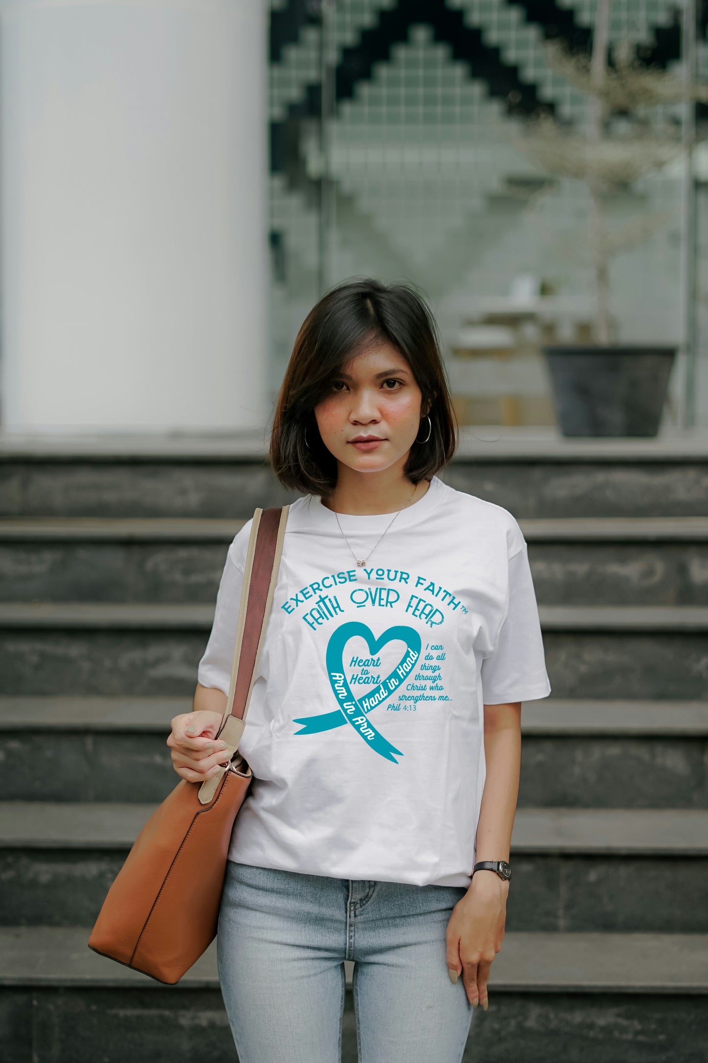 Exercise Your Faith Ovarian Cancer Ribbon Heart White