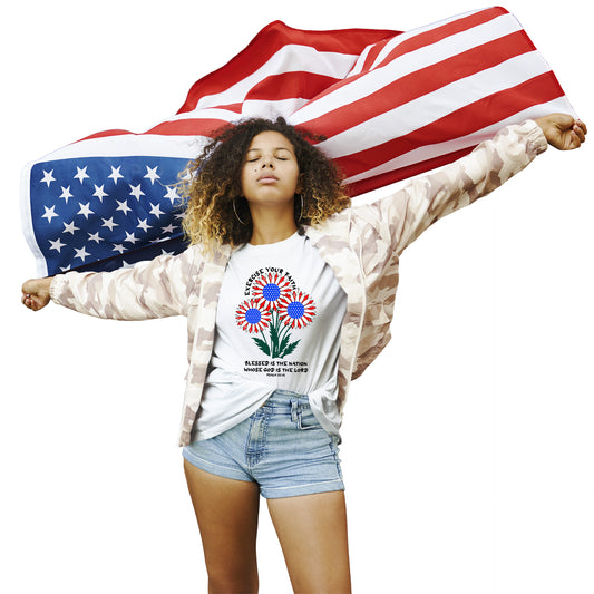 Exercise Your Faith T-shirt with a Patriotic Flower Bouquet White
