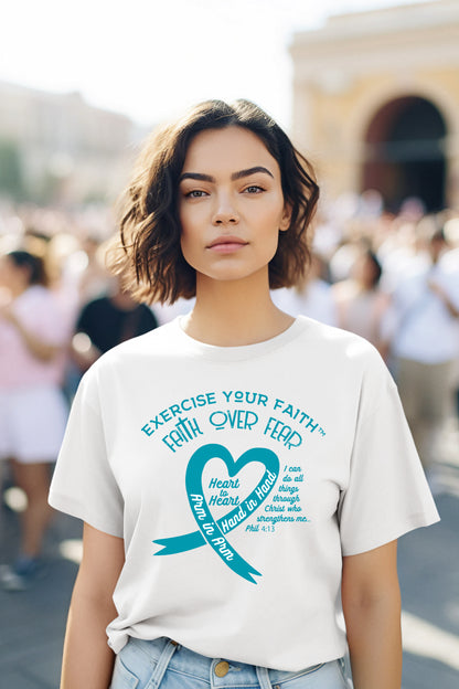 Exercise Your Faith Ovarian Cancer Ribbon Heart White