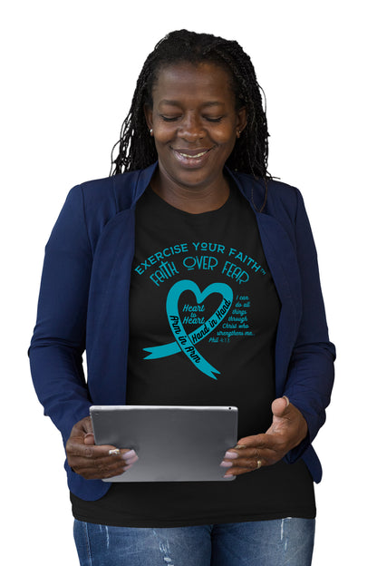 Exercise Your Faith Ovarian Cancer Ribbon Heart Black