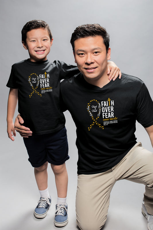 Faith Over Fear Little Hearts Ribbon Childhood Cancer Black