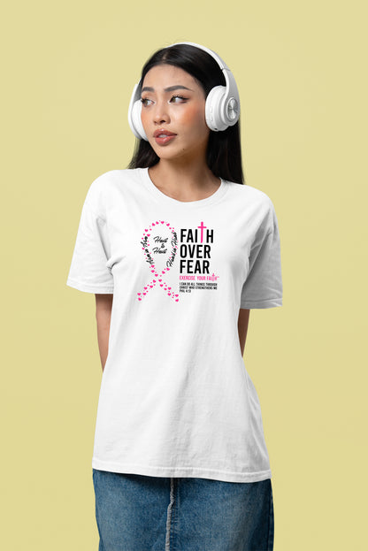 Faith Over Fear Little Hearts Ribbon Breast Cancer White