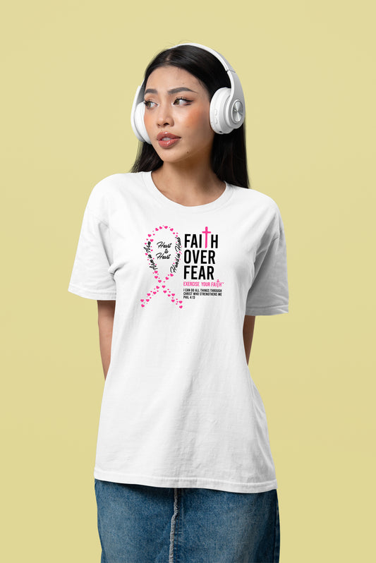 Faith Over Fear Little Hearts Ribbon Breast Cancer White
