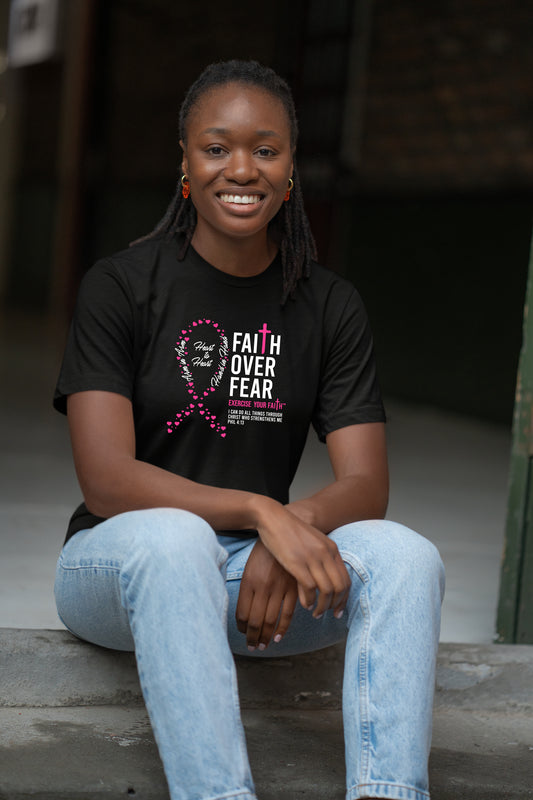 Faith Over Fear Little Hearts Ribbon Breast Cancer Black
