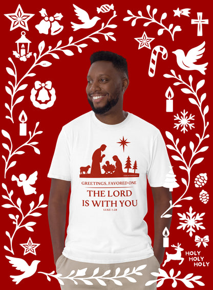 EYF Christian nativity scene T- shirt, The Lord is with you Bible verse Christmas Tshirt Red