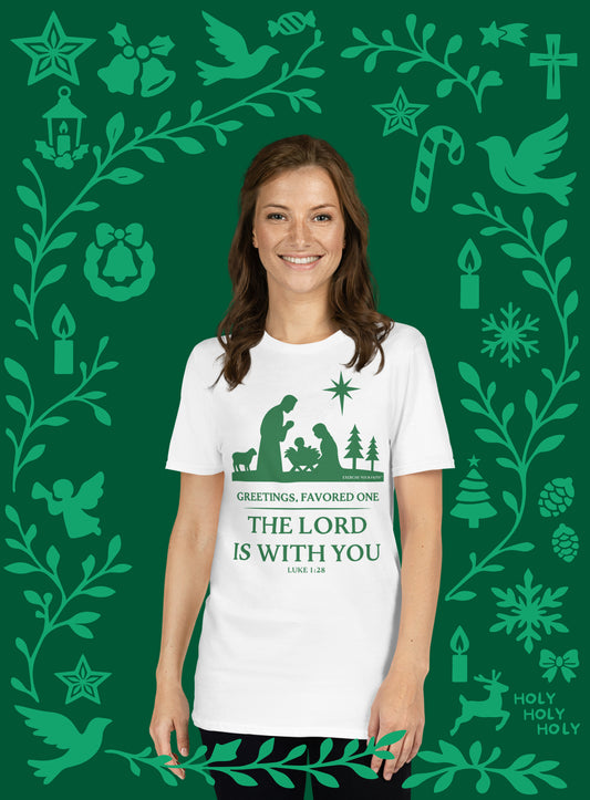 EYF Christian nativity scene T- shirt, The Lord is with you Bible verse Christmas Tshirt Green