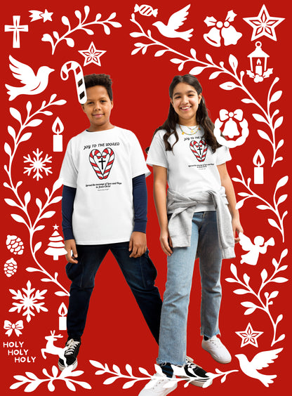 EYF Christian Tshirt candy cane heart gift, Christmas Joy to the world Bible verse tee faith gift Youth