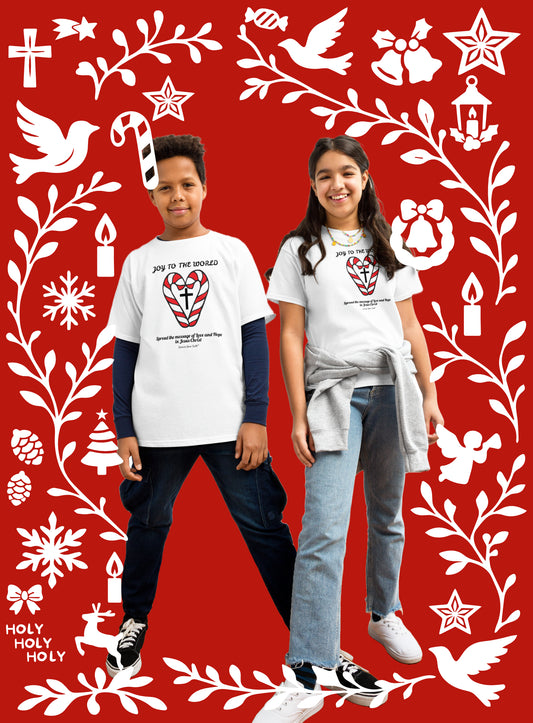 EYF Christian Tshirt candy cane heart gift, Christmas Joy to the world Bible verse tee faith gift Youth