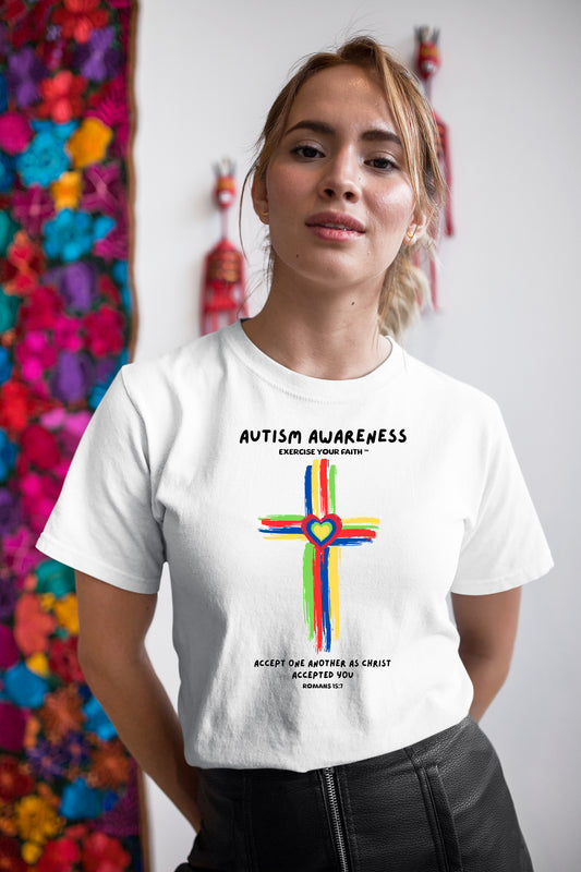 Autism Awareness Accept One Another Cross T-shirt White