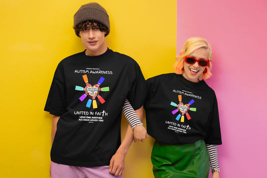 Autism Awareness United in Faith Hands Embracing Heart Black